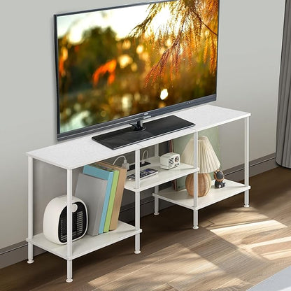 White TV Stand Bedroom with Power Outlets, Small Entertainment Center Stand with Open Storage Shelves for TVs up to 50 Inch, Wood TV Media Console Table with for Living Room, Bedroom