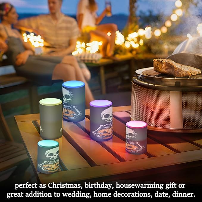 ALAZA Halloween Skeleton Skull Pumpkin Flickering Flameless Candles Battery Operated with Remote Timer,Tea Light Candles LED Pillar Votive Candles Set of 2 for Outdoor Indoor Decorations