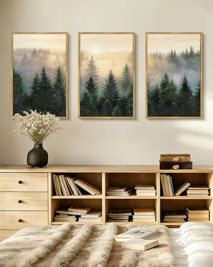 Drsoum Green Fog Pine Tree Landscape Wall Art Framed Nature Misty Nordic Forests Prints Morden Farmhouse Rustic Artwork Hallway Bedroom Ready to Hang 16x24in Natural Framed