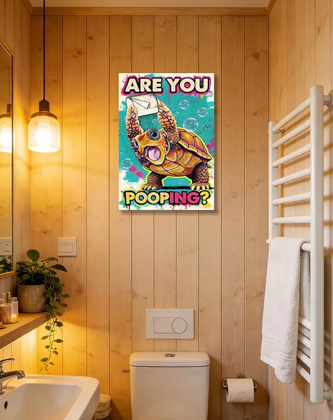 Funny Turtle Bathroom Wall Art Painting, Are You Pooping? Graffiti Humor Canvas Print, Teal Pop Art Bathroom Poster Decor, 16x24 Inch Framed Wall Picture for Bathroom Restroom Toilet Washroom