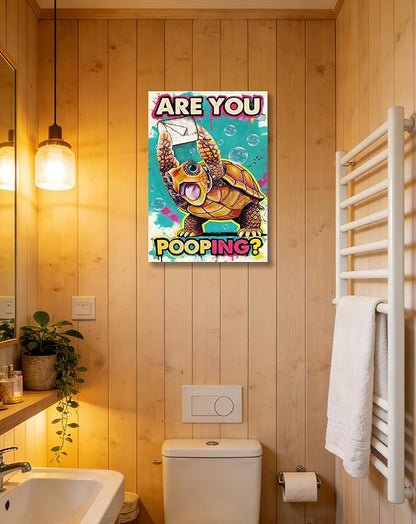 Funny Turtle Bathroom Wall Art Painting, Are You Pooping? Graffiti Humor Canvas Print, Teal Pop Art Bathroom Poster Decor, 16x24 Inch Framed Wall Picture for Bathroom Restroom Toilet Washroom