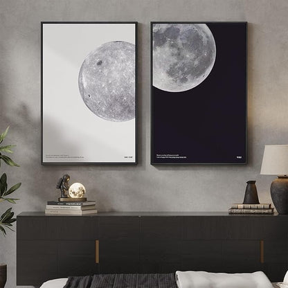 Large Framed Black and White Moon Wall Art, 2 Piece the Moon Canvas Art Prints, Minimalist Lunar Pictures for Living Room Bedroom Dining Room Hallway Home Office Wall Decor 24x36 In