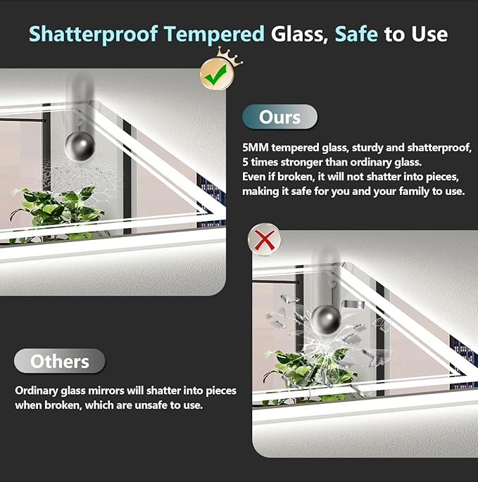 72x40 LED Bathroom Mirror with Lights, Backlit and Front Lit Anti-Fog Lighted Vanity Mirrors for Bathroom Wall, Dimmable, 3-Color Light, Memory, Shatter-Proof, HD Tempered Glass, CRI＞90