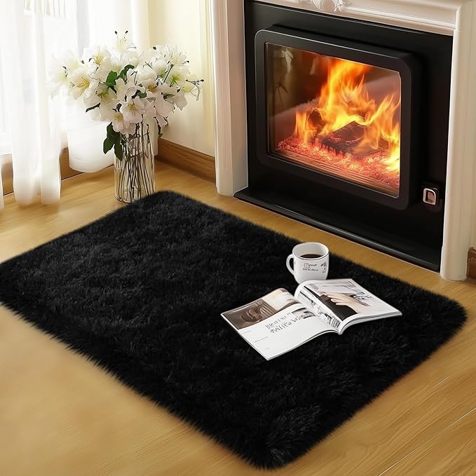 qulint Black Rug for Bedroom, 2x3 Small Area Rugs for Boys Room Soft Shag Fuzzy Rug for Living Room, Plush Shaggy Alfombras for Kids Boys and Girls Dorm Kid Room Home Decor (2ft x 3ft, Black)
