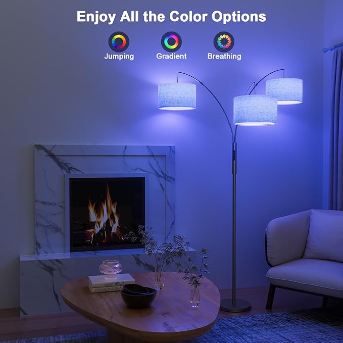 SIBRILLE 36W RGB Arc Floor Lamp with 3 Fabric Shades, 3000LM Super Bright Standing Lamp with Remote Control & Touch, Stepless Dimming, Individual Light Control for Living Room, Bedroom