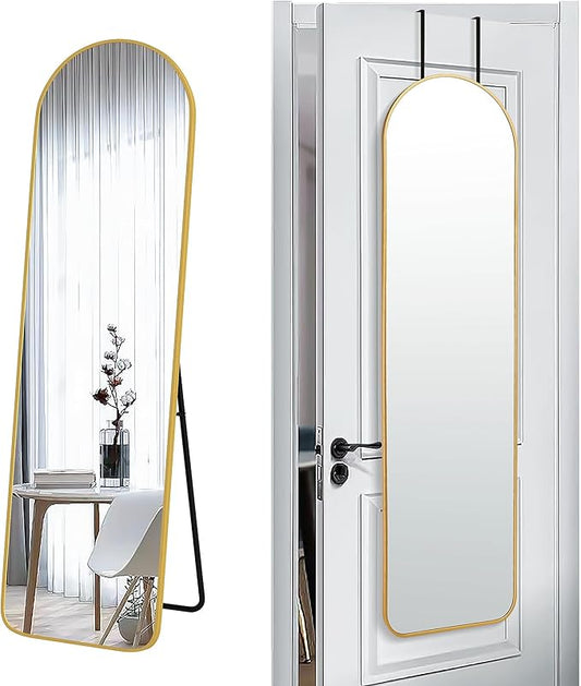SCWF-GZ 57x16 Door Hanging Full Length Mirror, Floor Stand (Height 5.7ft just Body in1.3ft) / Wall Mounted Metal Frame Arch Dressing Mirrors for Bedroom Living Room 57 inch Gold