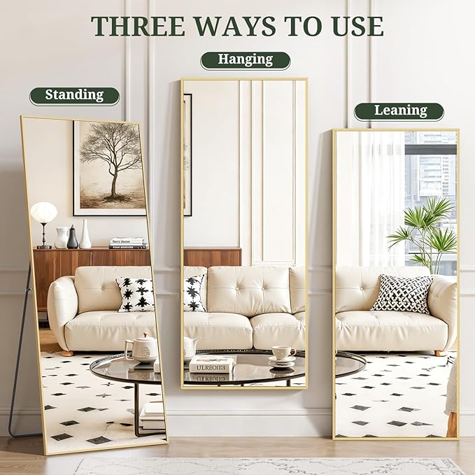 Mirror Full Length 65"x24" Full Body Floor Mirror with Stand, Shatterproof Glass, Aluminum Alloy Frame, Free Standing Wall Mounted or Leaning Rectangle Mirrors for Bedroom Living Room Entryway