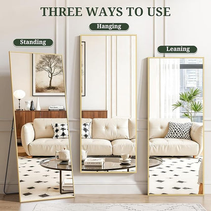 Mirror Full Length 65"x24" Full Body Floor Mirror with Stand, Shatterproof Glass, Aluminum Alloy Frame, Free Standing Wall Mounted or Leaning Rectangle Mirrors for Bedroom Living Room Entryway
