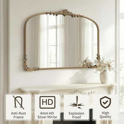 Besdomus Large Gold Arched Mirror: 40"x30" Matt Gold Baroque Vintage Wall Mirror - Traditional Ornate Antique for Bedroom/Fireplace/Entryway/Bathroom/Living Room - Ideal for Fashion-Conscious