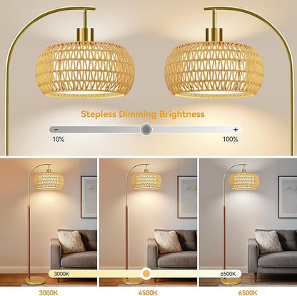 Wood Arc Floor Lamps for Living Room,Boho Rattan Floor Lamp with Remote Control & 3 Color Temperatures,Dimmable Mid Century Modern Standing Lamp Farmhouse Vintage Tall Floor Lamp For Bedroom Corner