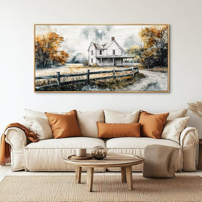QIYILEXWART Wood Framed Canvas Wall Art For Living Room Large Wall Decor For Office Bedroom Decoration Farmhouse Watercolour Pictures White Hut Painting Artworks Room Ready To Hang