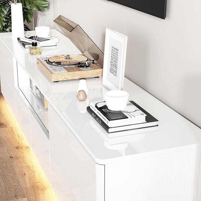 70” LED TV Stand, High Gloss TV Stand with Lights, Modern Glossy Media Console with 4 Drawers & Open Shelf, Entertainment Center for Living Room White, 14.5”D x 70.8”W x 17.3”H
