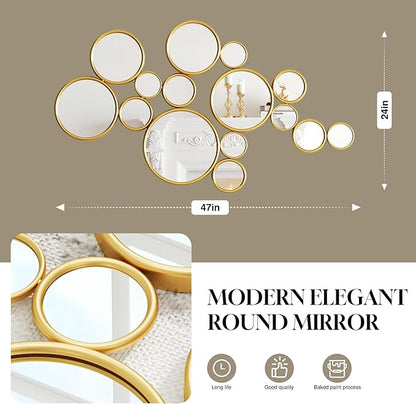 PERHOM Multiple Circles Wall Decor Mirror - 47"x24" Large Gold Wall Art Mirror,Thick Metal Framed Wall Sculptures Mirrors for Living Room, Entryway, Bedroom, Dining Room, Fireplace