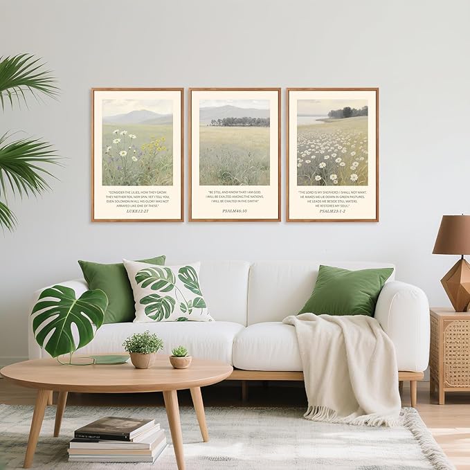 Aurlan Christian Bible Verses Scripture Framed Wall Art(16"x24"), 3PCS Boho Wildflowers Landscape Nature Canvas Artwork, Religious Luke12:27 Psalm46:10 Psalm23:1-2 Jesus Faith Gift Decor for Home Office Bedroom