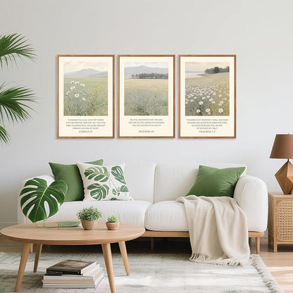 Aurlan Christian Bible Verses Scripture Framed Wall Art(16"x24"), 3PCS Boho Wildflowers Landscape Nature Canvas Artwork, Religious Luke12:27 Psalm46:10 Psalm23:1-2 Jesus Faith Gift Decor for Home Office Bedroom