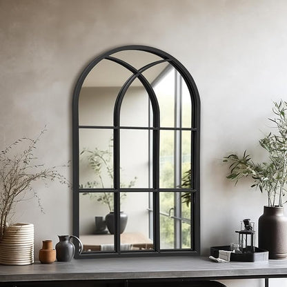Dewfig Arched Window Wall Mirror, 30"x20" Window Pane Mirrors, Vanity Mirrors for Bathroom, Bedroom, Entryway, Living Room, Farmhouse Mirrors for Wall Decor, Metal Frame, Black