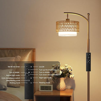 Ambimall Arc Floor Lamp for Living Room with Remote, Color Temperature & Brightness Adjustable, Boho Standing Lamp with Rattan & Fabric Double Drum Shades, Bulb Included(Brown)