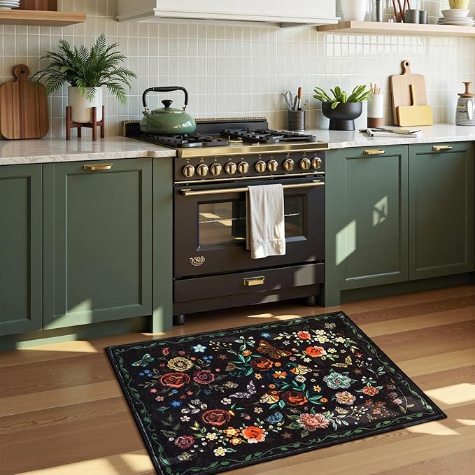 Rugflix 2x3 Small Area Rugs for Entryway, Washable Entrance Door Mat Non-Slip, Soft Low Pile Stain Resistant Vintage Floral Indoor Throw Rug for Kitchen, Bedroom, Hallway, Black
