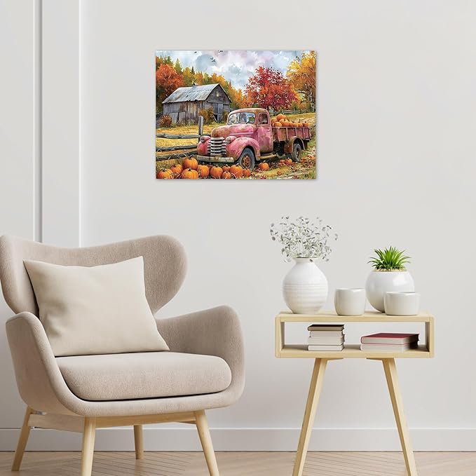 LB Fall Pumpkin Truck Wall Art Vintage Red Truck with Autumn Pumpkins in Farm Canvas Wall Art Farmhouse Harvest Wall Art Decor for Living Room Bedroom Bathroom Office Framed Ready to Hang 12L x 12W