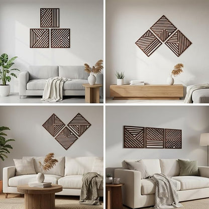 Yerliker 16×16 Inch Boho Wooden Wall Sculptures Geometric Abstract Wood Wall Art Decor Set of 3 Slatted Wood Design for Living Room Bedroom Office Rustic Home Decoration