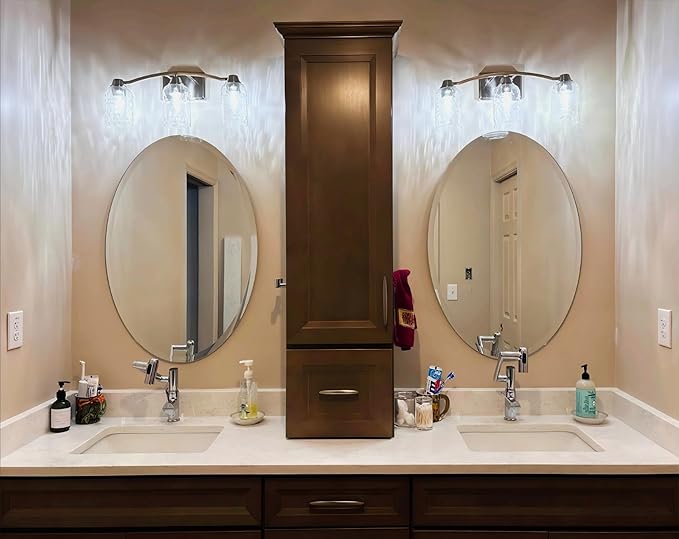 Frameless Oval Wall Mirror: Decorative Elliptical Mirrored Glass Vanity with Beveled Silver Edge for Bathroom Bedroom Livingroom Dining Room Entryway Hallway, 32 x 24 inch