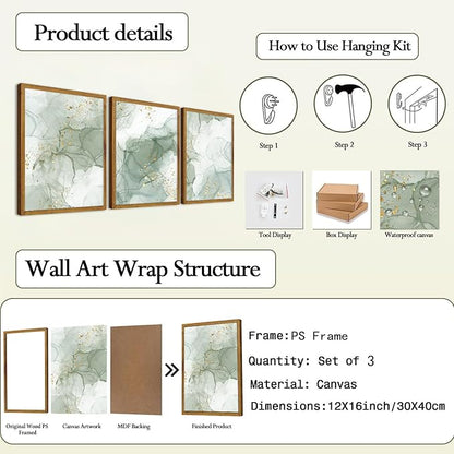 Framed Sage Green Wall Art Set of 3,Abstract Green Wall Decor Living Room,Minimalist Modern Framed Wall Art Marble Line Beige Gold Green Canvas Artwork Paintings,Boho Room Decor,Bedroom Bathroom Office Artwork,12"x16"
