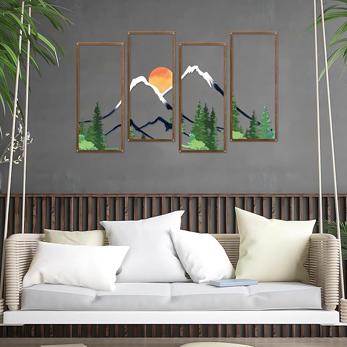 ruelen 4 Pcs Metal Sunset Mountain Forest Wall Decor, Abstract Minimalist Line Drawing Large Colorful Mountains Wall Art Home Decor for Living Room Bathroom Bedroom Office Indoor And Outdoor (Large)