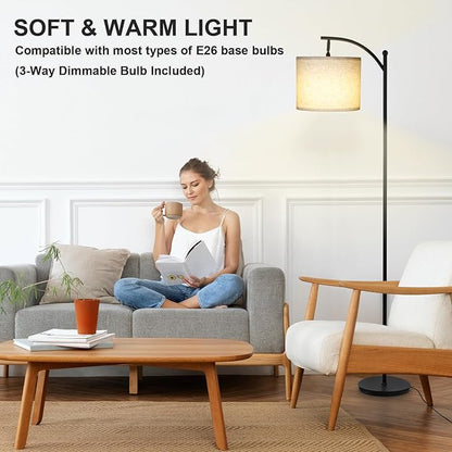 LALISU Modern Floor Lamp, 3-Ways Dimmable Standing Lamp with Linen Shade, Adjustable Height, Foot-Step Switch, Reading Lamp for Living Room, Bedroom, Office, 9W Bulb Included (Black)