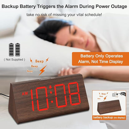 DreamSky Wooden Digital Alarm Clocks for Bedrooms - Electric Desk Clock with Large Numbers, USB Port, Loud Alarm for Heavy Sleepers, Adjustable Volume, Dimmer, Snooze, DST, Wood Décor, Adapter Powered