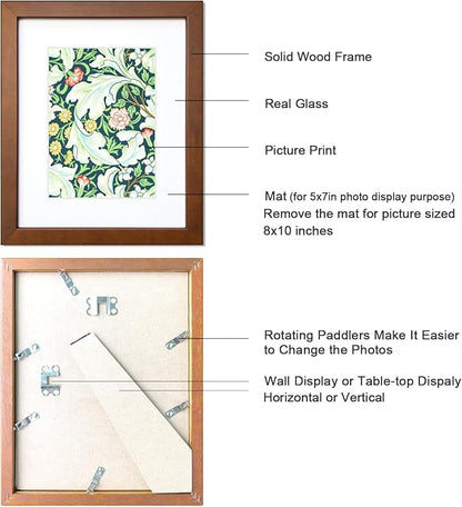 8x10 Picture Frame Set of 4 Made of Solid Wood Photo Frame with Real Glass for Pictures 5x7 with Mat or 8x10 Without Mat, Wall Gallery or Tabletop display Picture Frames, Brown