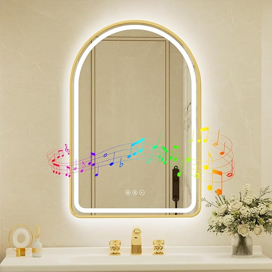 22x32 Inch Arched Gold Framed LED Bathroom Mirror with Lights, Built-in Bluetooth Speaker,Tempered Glass,Dimmable Lighted Bathroom Vanity Mirror with 3 Colors, Backlit + Frontlit, Memory, Anti-Fog