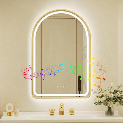 26x40 Inch Arched Gold Framed LED Bathroom Mirror with Lights, Built-in Bluetooth Speaker,Tempered Glass,Dimmable Lighted Bathroom Vanity Mirror with 3 Colors, Backlit + Frontlit, Memory, Anti-Fog