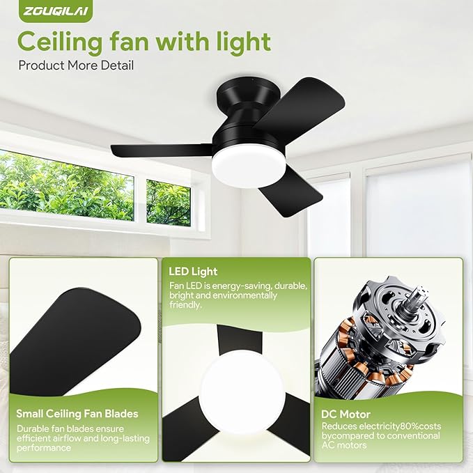 26" Black Ceiling Fans with Lights and Remote, Low Profile Ceiling Fan with Light, Reversible DC Motors, 3CCT Dimmable Timer Noiseless, Flush Mount Ceiling Fan for Bedroom/Living Room