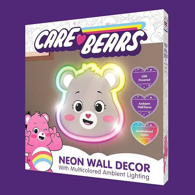 Care Bears Neon Wall Decor with Multicolored Ambient Lighting – USB Powered LED Light for Kids' Room Decor – Cheer Bear Character, Rainbow Glow – Perfect for Bedrooms, Nurseries, and Playrooms