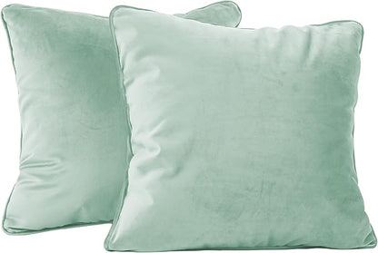 FDP 18" x 18" Velvet Square Pillow Set with Piping; Decorative Throw Pillow for Home Décor in Living Room, Bedroom or Lounge (2-Pack) - Aloe, 15158-347