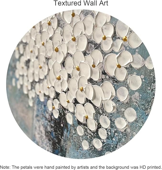 Waowumar Flowers Canvas Wall Art Blue and White Blossom Pictures Contemporary Palette Knife Floral Textured Painting for Bedroom Living Room Decor