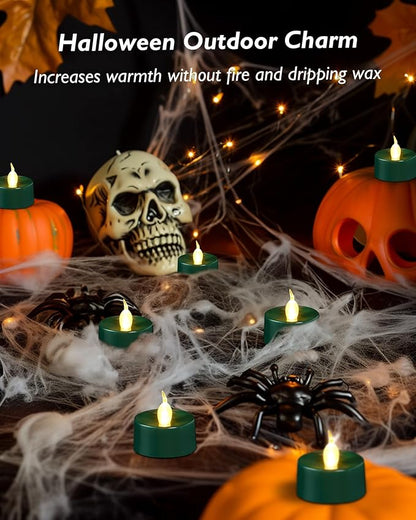 merrynights Green LED Candles, 24 Pack Tea Lights Candles Battery Operated, Flameless Tealight Candle, Realistic Tea Lights for Halloween Christmas Party Decor Mardi Gras