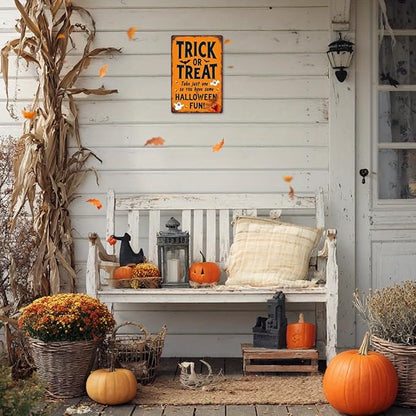 Trick or Treat Halloween Metal Tin Sign Vintage Halloween Wall Decor for Home Kitchen Entryway and Office Rustic Halloween Decorative Signs Metal Poster 8x12 Inch