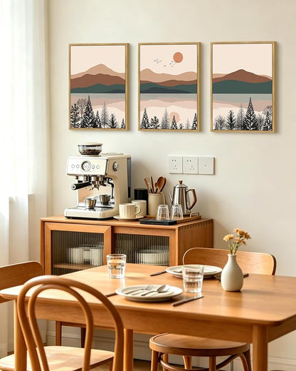 PHOPAGO Mountain Laker Landscape Framed Wall Art Boho Nature Artwork Paints Bohemain Farmhouse Rustic Living Room Bedroom Decor - 12x16in Natural Framed