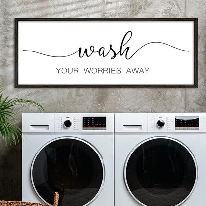 Wash Your Worries Away Sign Funny Laundry Room Wall Decor 32"×12" Rustic Bathroom Large Wooden Framed Wall Hanging Art (Black)