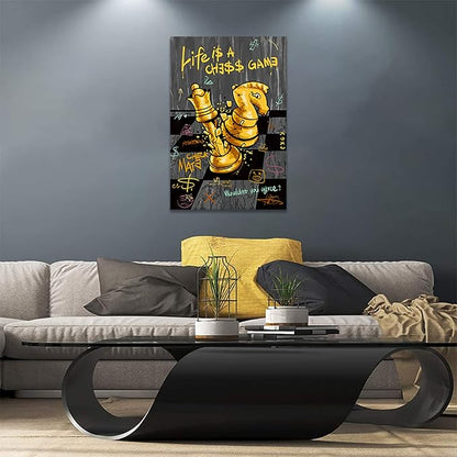 Office Wall Art - Black Gold Chess Picture LIFE IS A CHESS GAME Canvas Print Inspirational Wall Decor Motivational Poster Entrepreneur Artwork Modern Home Decoration, Ready to Hang 24 x 36 in Framed