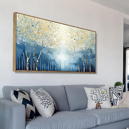 Large Framed Modern Living Room Canvas Wall Art, Abstract Plant Landscape Print Picture, Blue And Yellow Birch Forest Art Decor For Bedrooms, Dining Rooms, Balconies, Entryways, And Offices. 48X24 Inches.