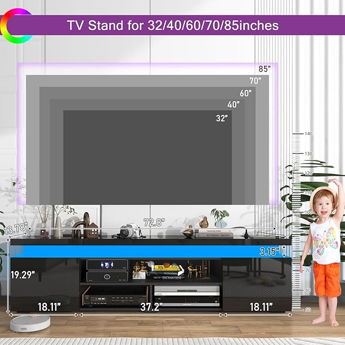 Hlivelood LED TV Stand for 85 Inch TV, Modern TV Stand with Power Outlet, High Gloss TV Console Entertainment Center with Storage and LED Lights for Living Room, Bedroom (73 Inch, Black)