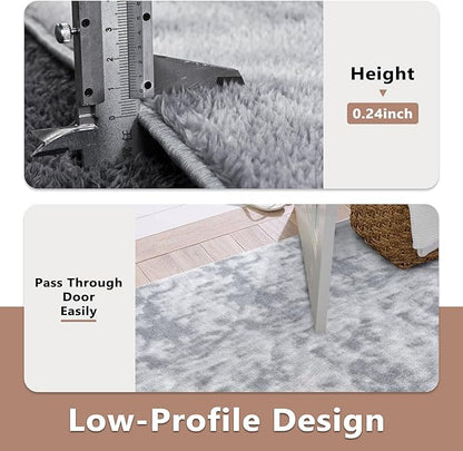 FinRèc 7x10 Washable Area Rugs for Bedroom Living Room, Low Pile Thin Ultra Soft Shag Rug, Non-Slip Carpet Indoor for Home Decor (Tie-dye Grey)