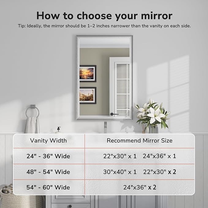 USHOWER Brushed Nickel Bathroom Mirrors for Over Sink 24x36 Inch, Metal Framed Rectangle Vanity Mirror for Wall, Bedroom, Living Room, Entryway, Anti-Rust, HD Tempered Glass, Horizontal/Vertical