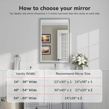 USHOWER Brushed Nickel Bathroom Mirrors for Over Sink 24x36 Inch, Metal Framed Rectangle Vanity Mirror for Wall, Bedroom, Living Room, Entryway, Anti-Rust, HD Tempered Glass, Horizontal/Vertical