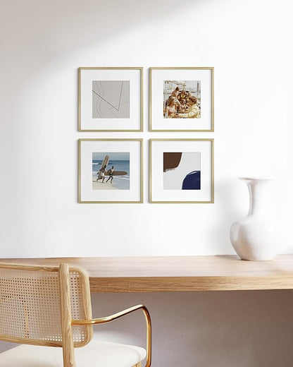 HAUS AND HUES 12x12 Gold Metal Picture Frames Matted to 8x8 - Premium Aluminum with Hanging Hardware, Shatterproof Plexiglass - Ideal for Home or Office (12x12 in, Gold, Set of 4)