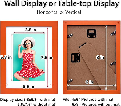 KINLINK 6x8 Picture Frame Orange, Solid Wood Frames with Acrylic Plexiglass for Pictures 4x6 with Mat or 6x8 without Mat, Tabletop and Wall Display Photo Frame, Set of 4