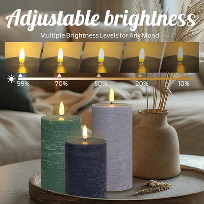 LEDHOLYT Rechargeable Flameless LED Pillar Candles–Luminous Real Wax Indoor Home Decor–Set of 3, Realistic Flickering LED Flame,Remote & Timer, USB-Rechargeable（Verdant & Ash Tones）