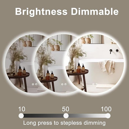 32 Inch Round LED Bathroom Mirror Backlit Anti-Fog Wall Mounted Lighted Bathroom Vanity Mirror 3 Colors Light Dimmable Smart Makeup Mirror with Touch Switch